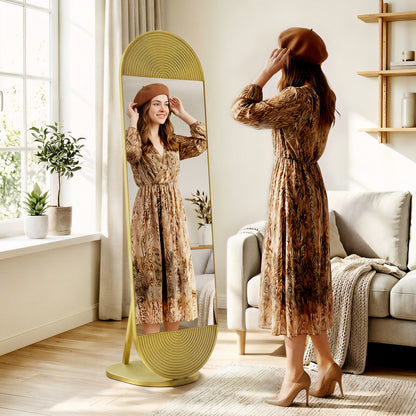 Wavy Full Length Mirror with Metal Frame and Base, Gold Tone