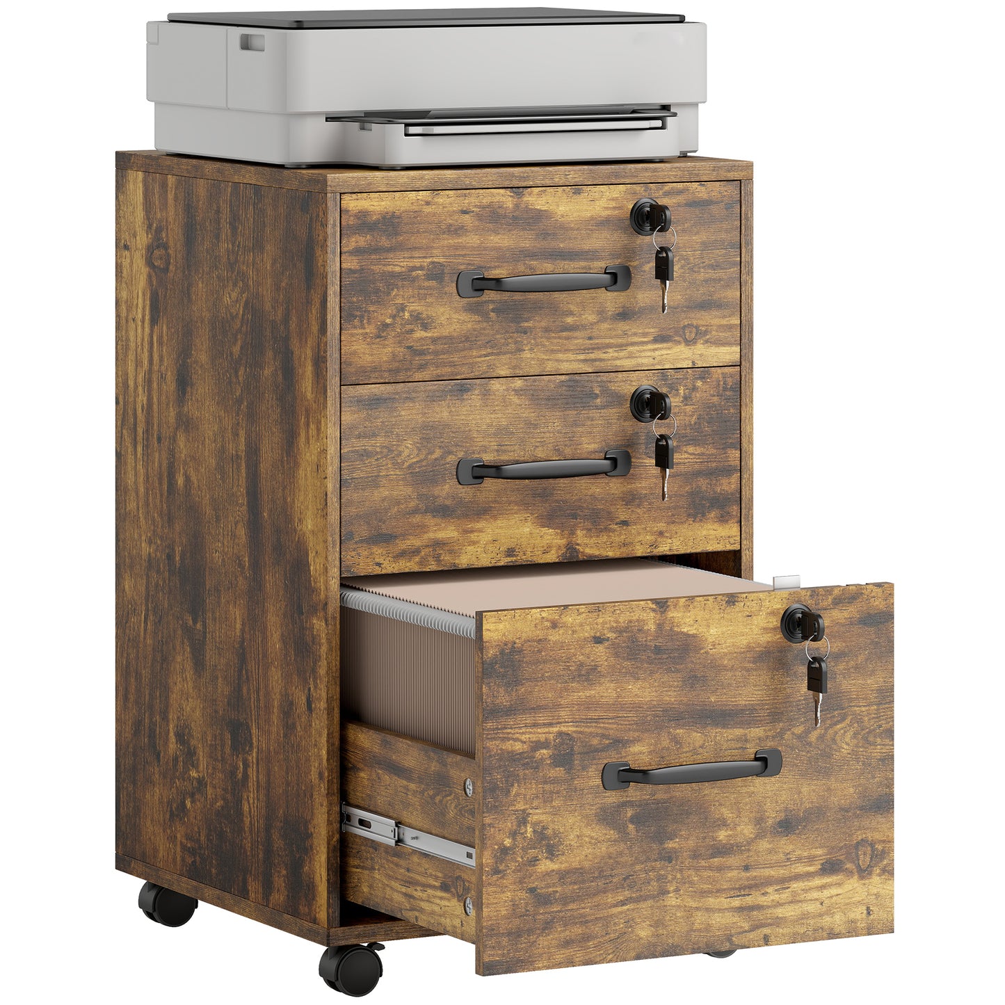 3 Drawer File Cabinet Rolling Filing Cabinet for A4 and Letter Brown