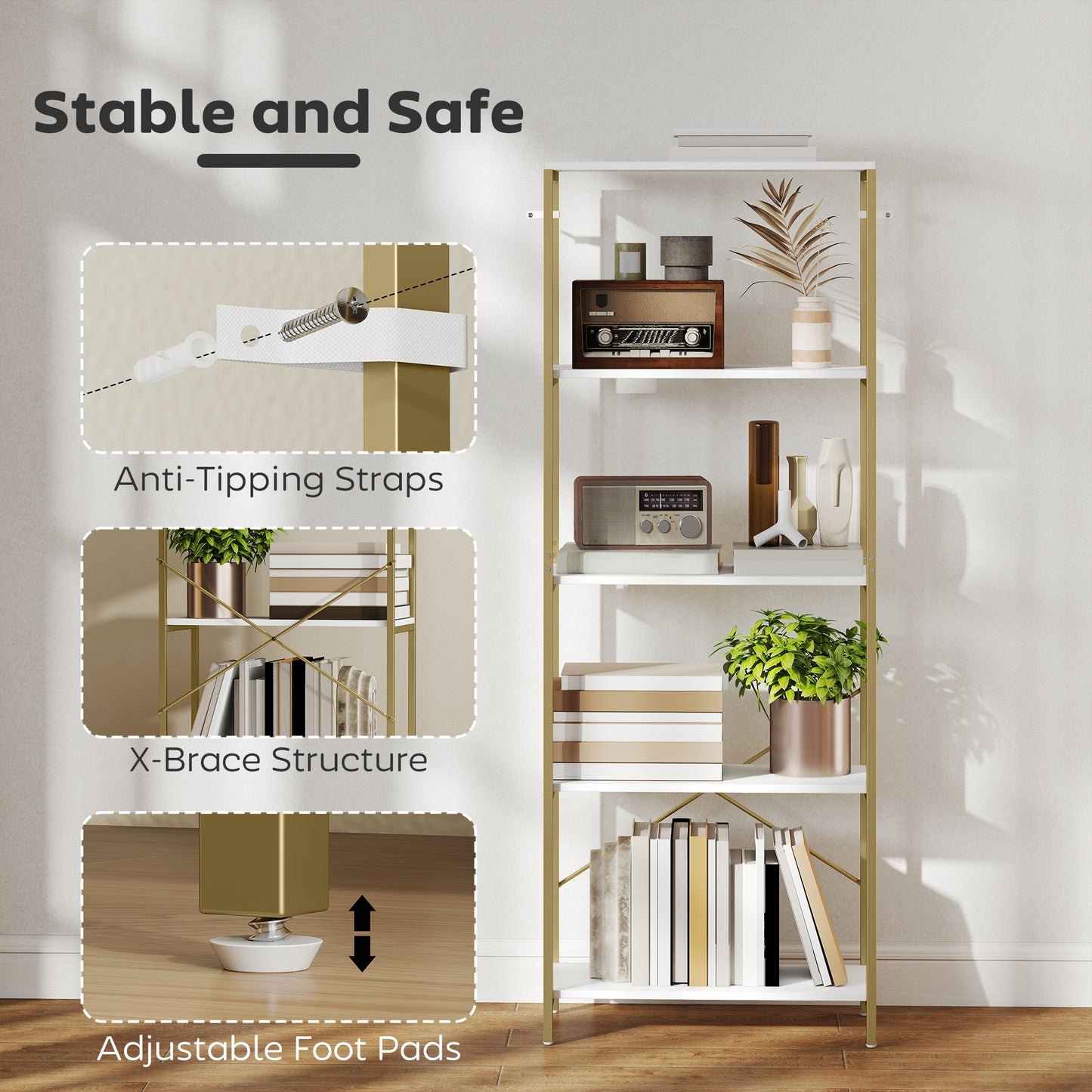 Modern Bookshelf, Freestanding Bookcase, White and Gold Tone