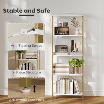 Modern Bookshelf, Freestanding Bookcase, White and Gold Tone