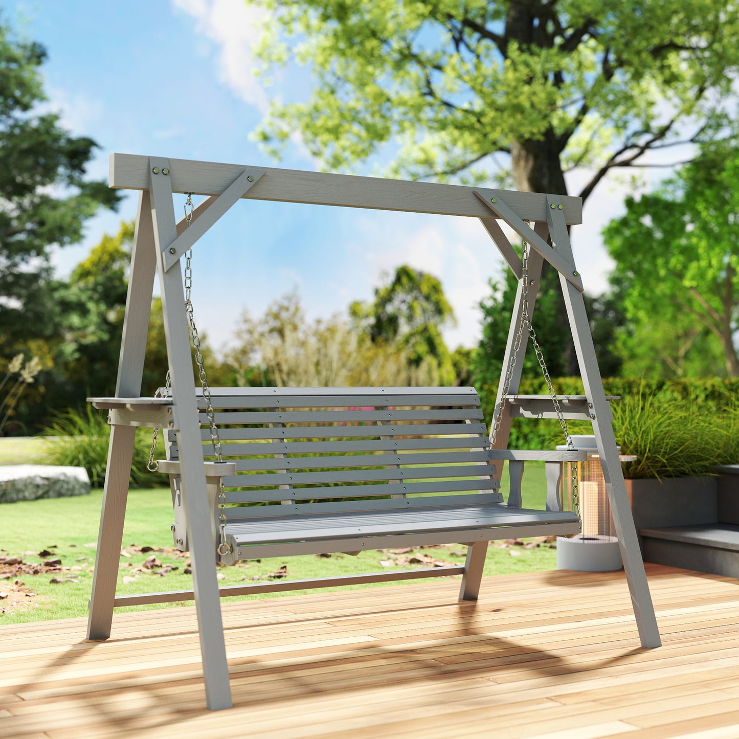 3 Seater Wooden Garden Swing Chair with Side Tables, Dark Grey