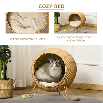 Wicker Cat Bed Elevated Rattan Kitten Basket Cozy Cave w/ Soft Cushion