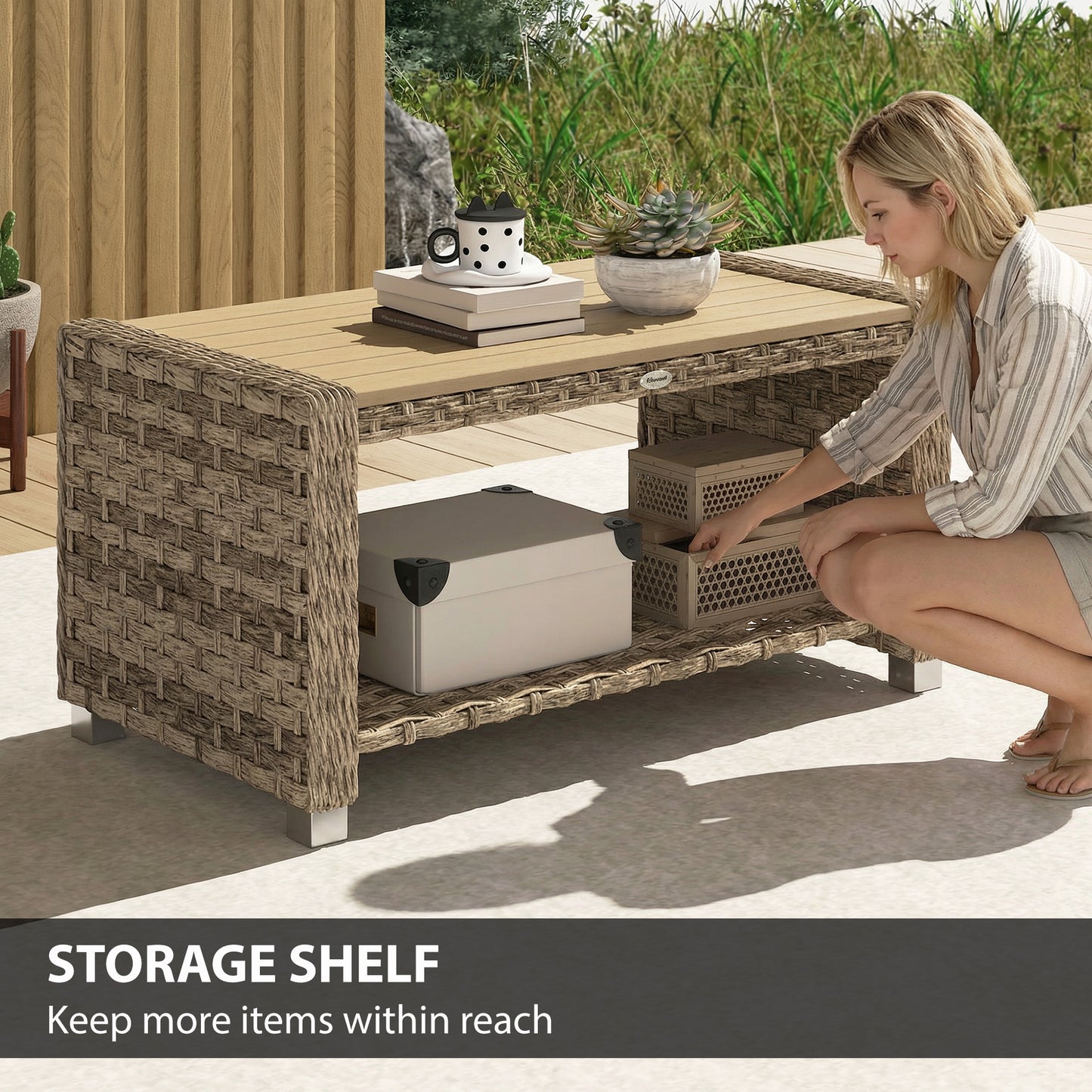 Outdoor Coffee Table with Storage Shelf and Slatted Top, Light Brown