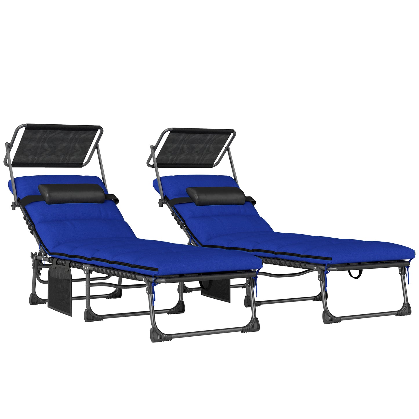 Folding Sun Loungers Set of 2, Sun Bed with Canopy, Dark Blue