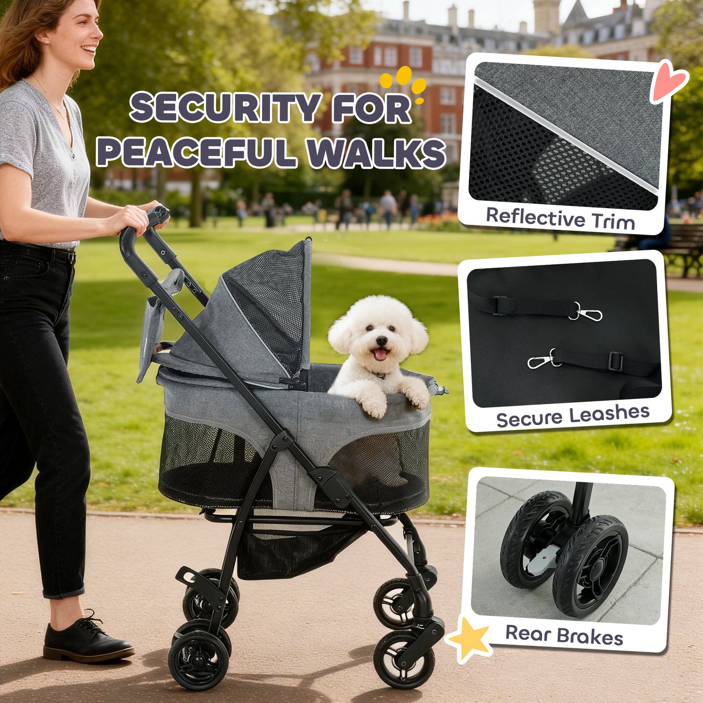 Foldable Pet Stroller, Dog Cat Stroller with Detachable Carrier