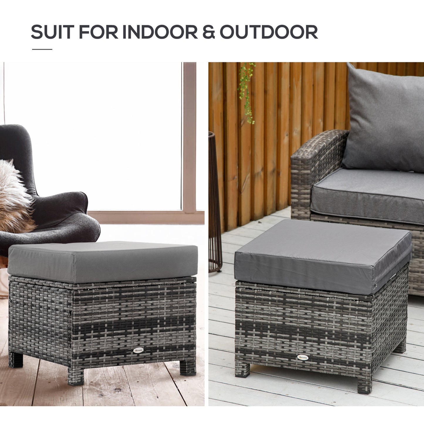 Rattan Footstool Wicker Ottoman w/ Padded Seat for Backyard Garden