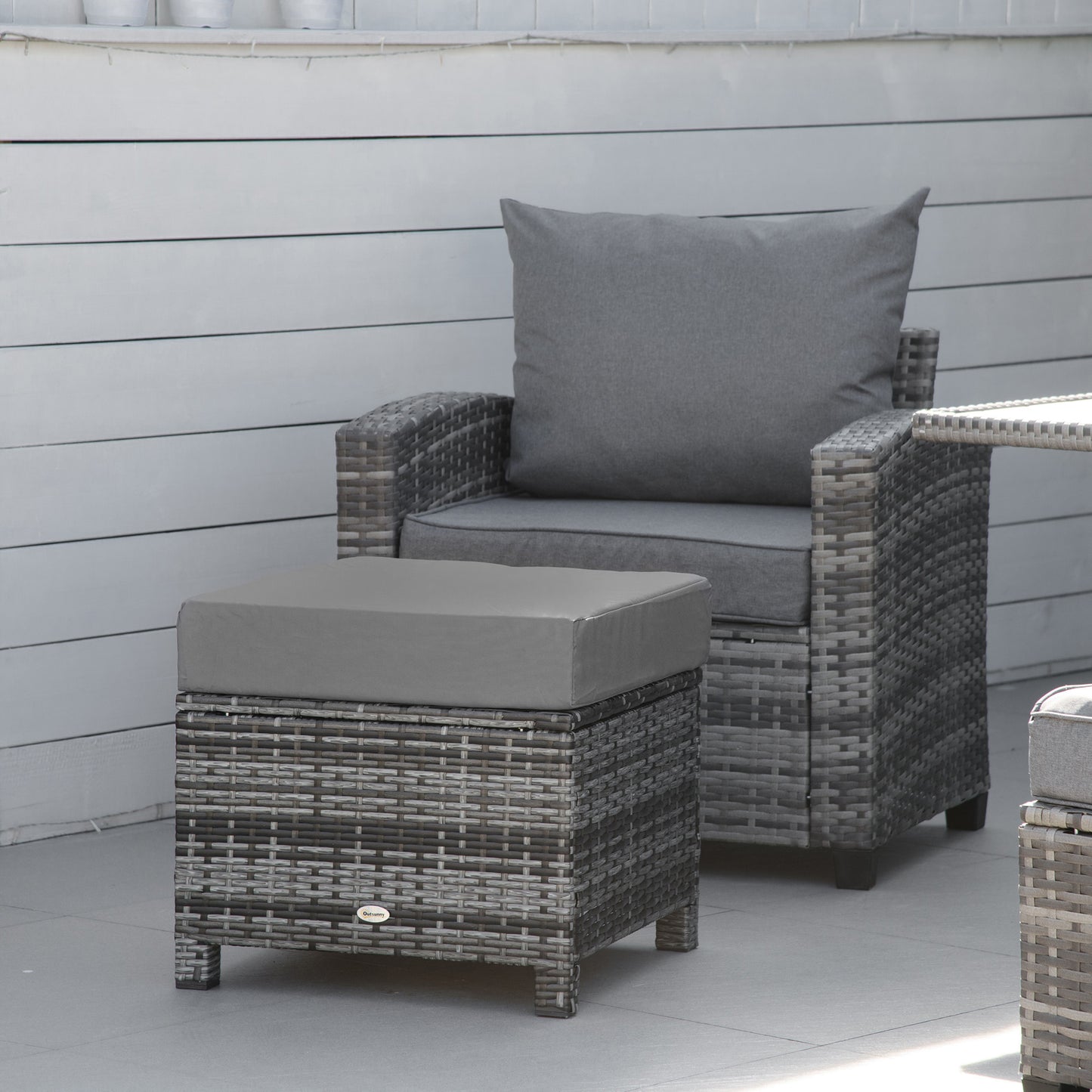 Rattan Footstool Wicker Ottoman w/ Padded Seat for Backyard Garden