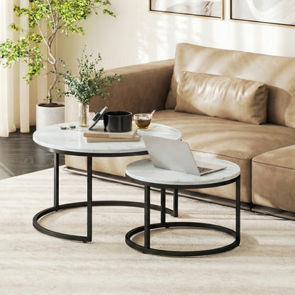 2 Pcs Stacking Coffee Table Set Steel Frame, Marble White