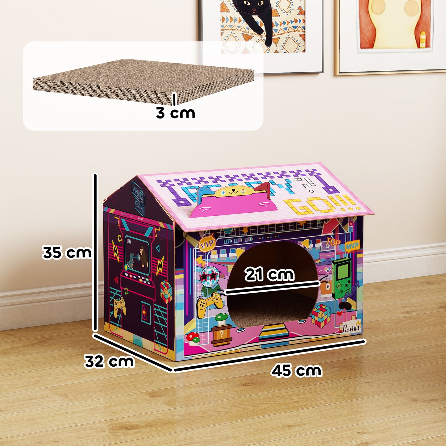 Cardboard Cat House with Scratching Board & Catnip, Gaming Style