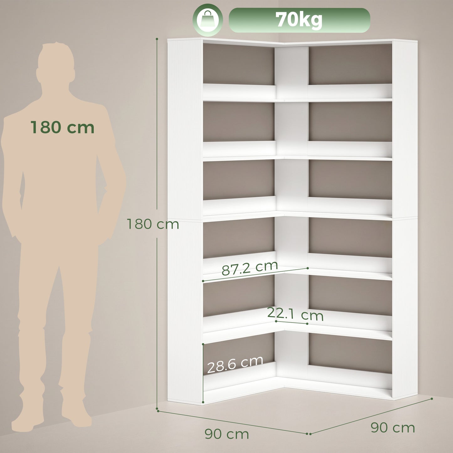7 Tiers Corner Bookshelf, L-Shaped Bookcase with Anti-Slip Rear Guard, Storage Shelves for Living Room, Bedroom and Home Office, 90W x 90D x 180H cm, White Wood Effect