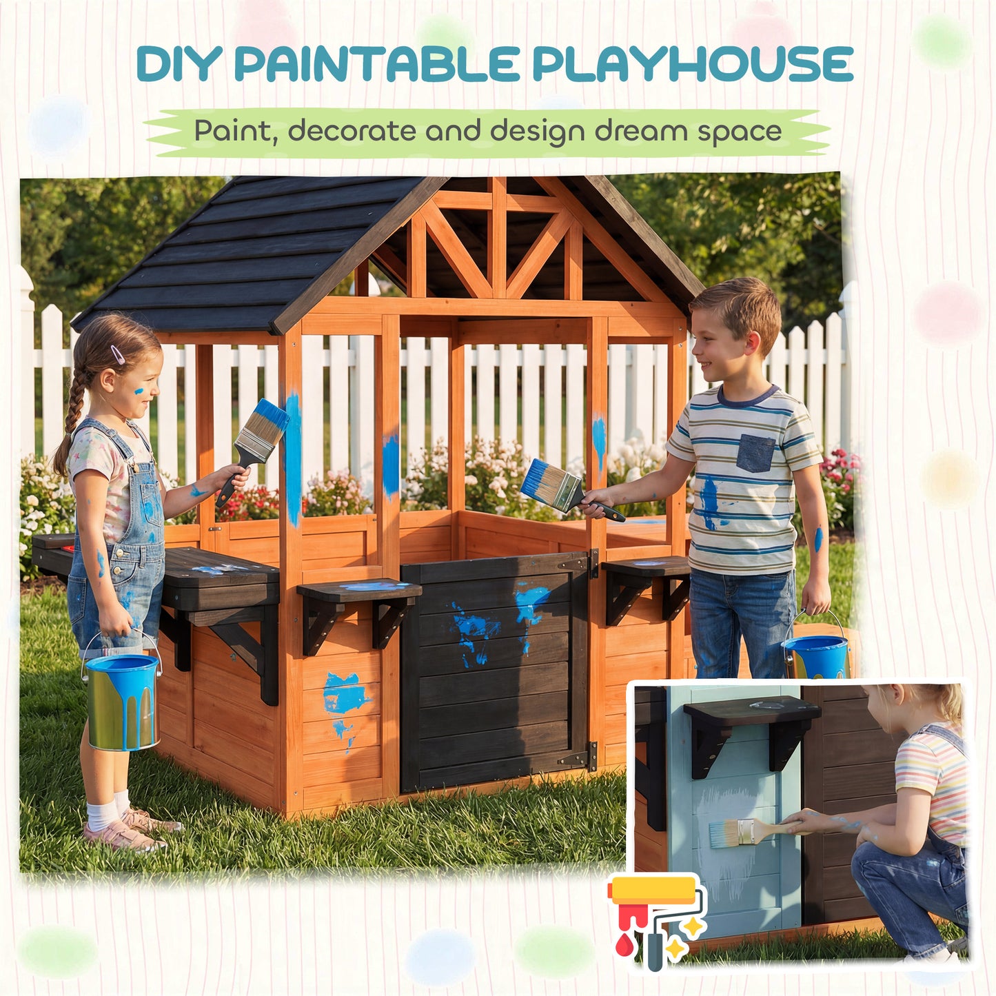 Wooden Playhouse for Kids with Table and Benches for Age 3-8, Brown