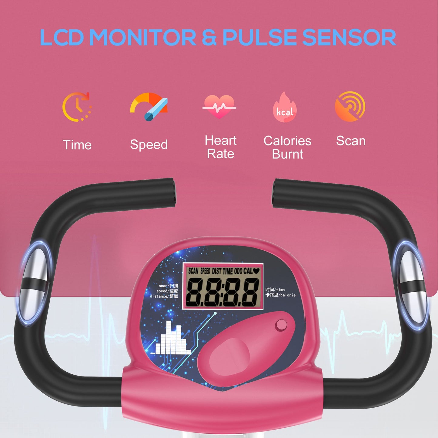 Magnetic Resistance Exercise Bike Foldable LCD Adjustable Seat Pink