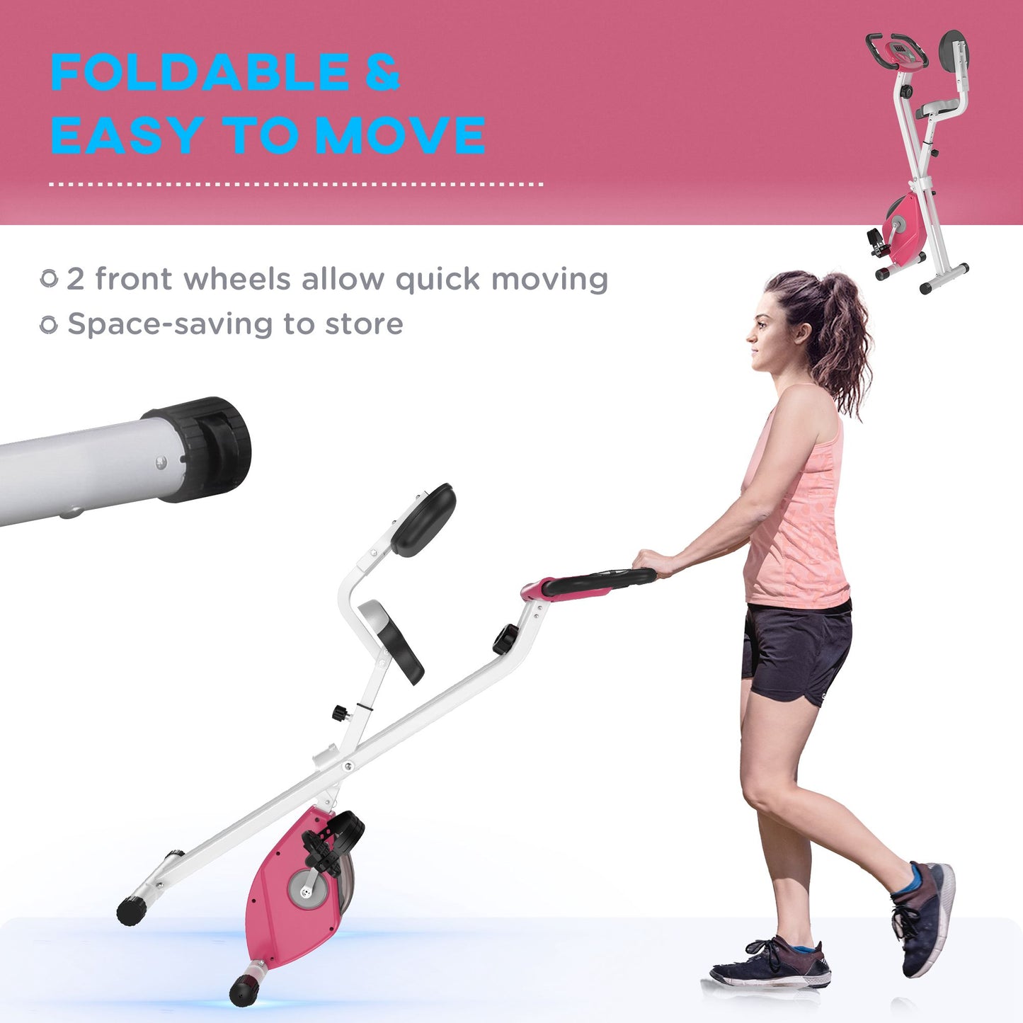 Magnetic Resistance Exercise Bike Foldable LCD Adjustable Seat Pink