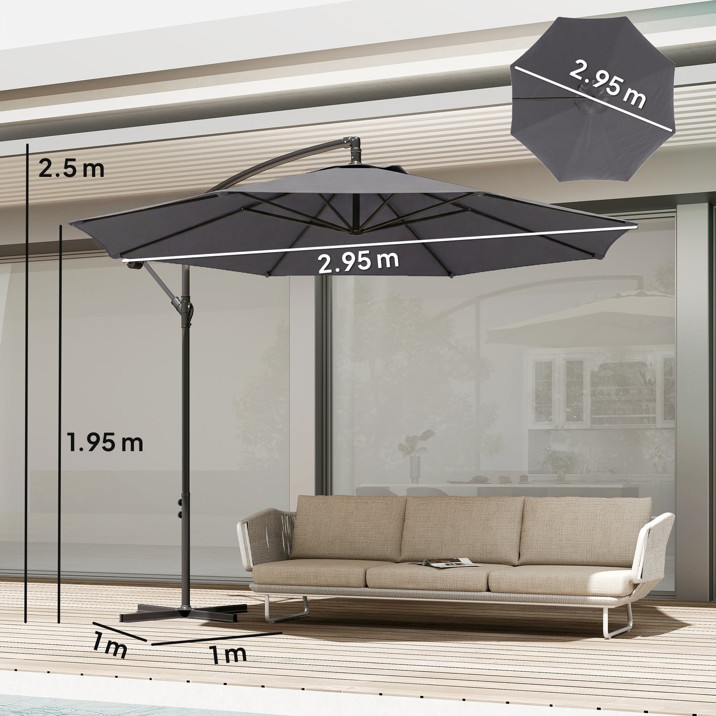 3(m) Garden Banana Parasol Cantilever Umbrella w/ Base, Grey