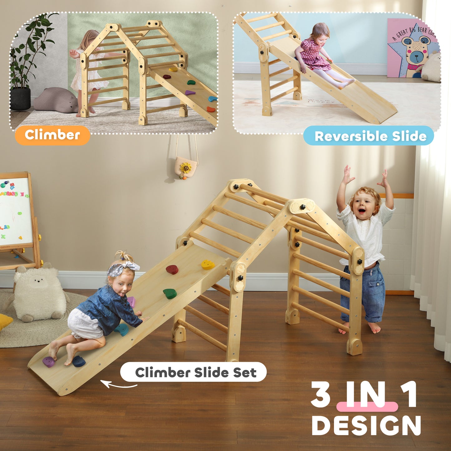 3 in 1 Kids Climbing Set, Foldable Toddler Climbing Toys with Ramp