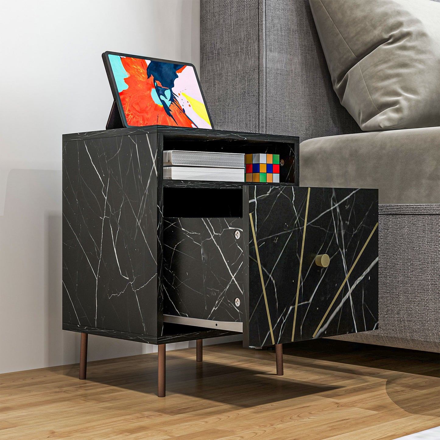 Modern Bedside Table with Drawer and Open Shelf Black Marble Effect