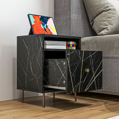 Modern Bedside Table with Drawer and Open Shelf Black Marble Effect