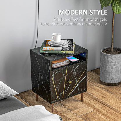 Modern Bedside Table with Drawer and Open Shelf Black Marble Effect