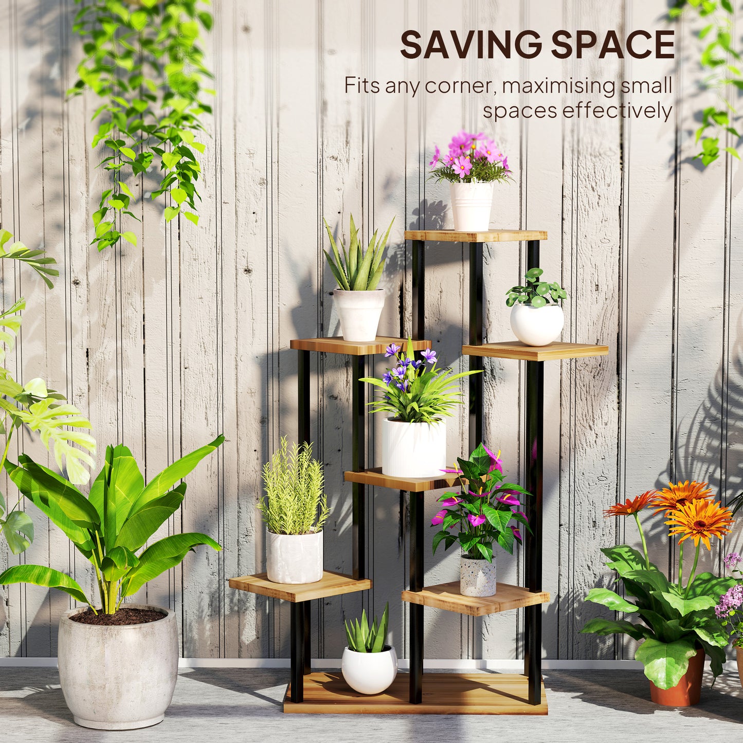 7 Tier Plant Stand, Tall Steel Wood Plant Shelf, Carbonised Finish