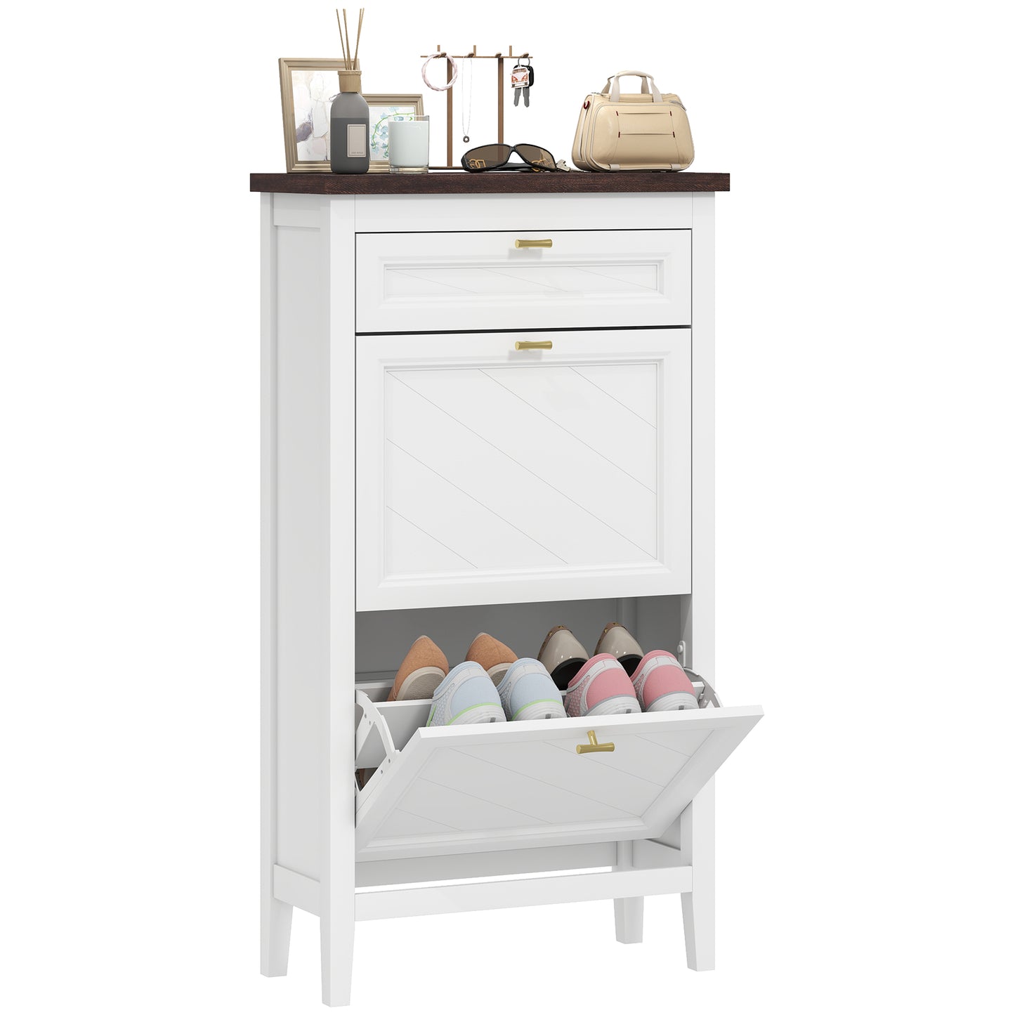 Shoe Cabinet with 2 Flip Drawers, Narrow Shoe Storage Cabinet, White