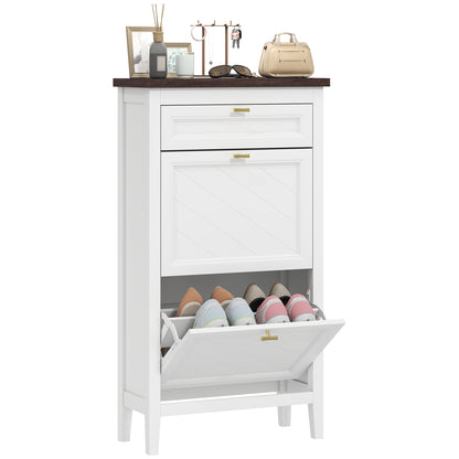 Shoe Cabinet with 2 Flip Drawers, Narrow Shoe Storage Cabinet, White