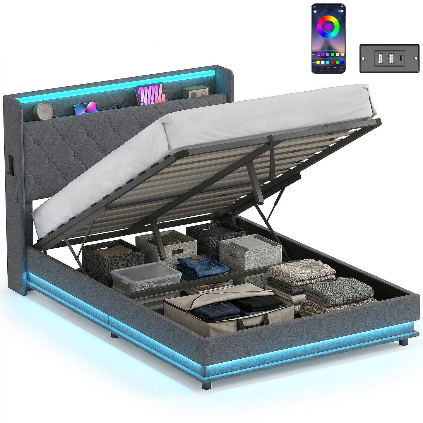 4ft6 Double Bed Frame with Headboard, Platform Bed Frame with Hydraulic Storage, LED Lights and Charging Station, Grey