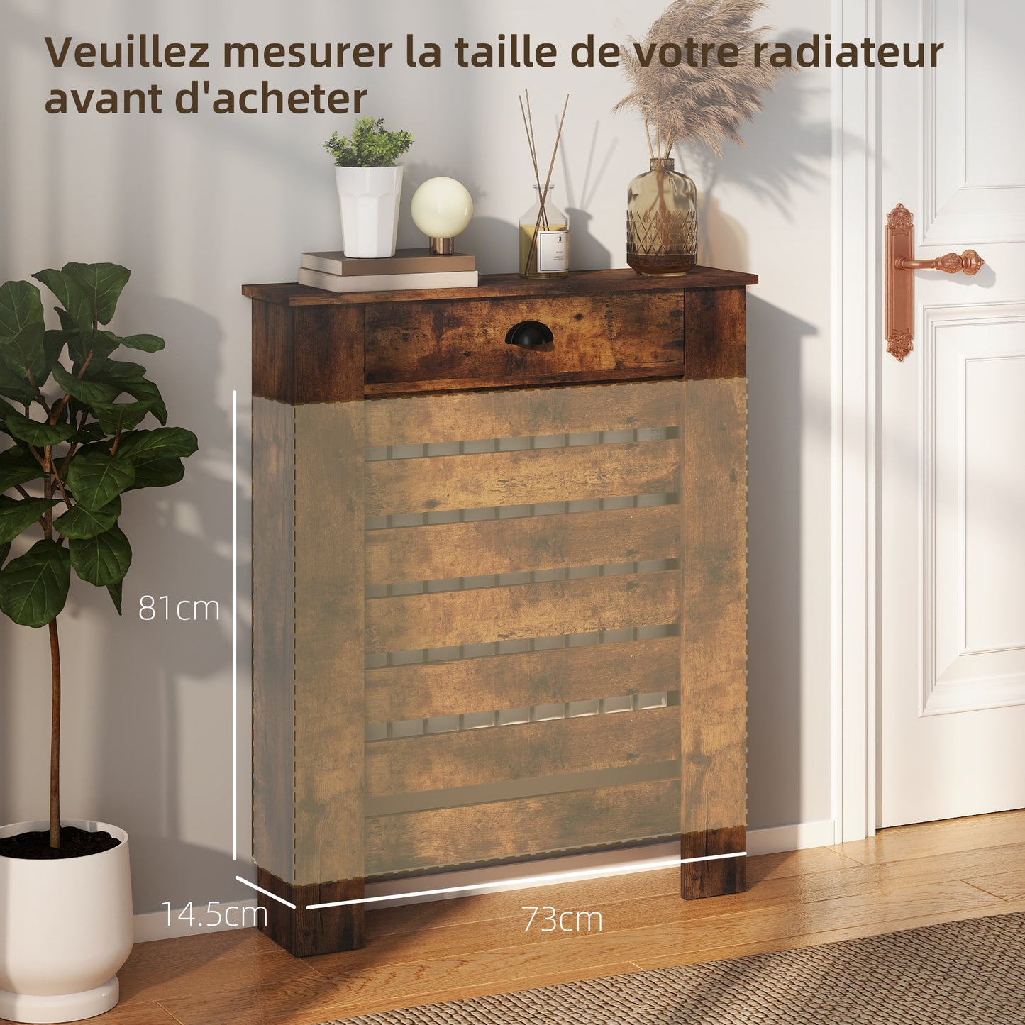 Radiator Cover with Drawer, Horizontal Slat, 78cm, Rustic Brown