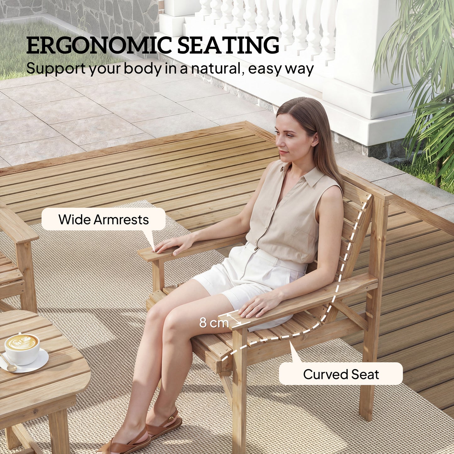 4 Seater Garden Furniture Sofa Set with Curved Seat, Natural Wood