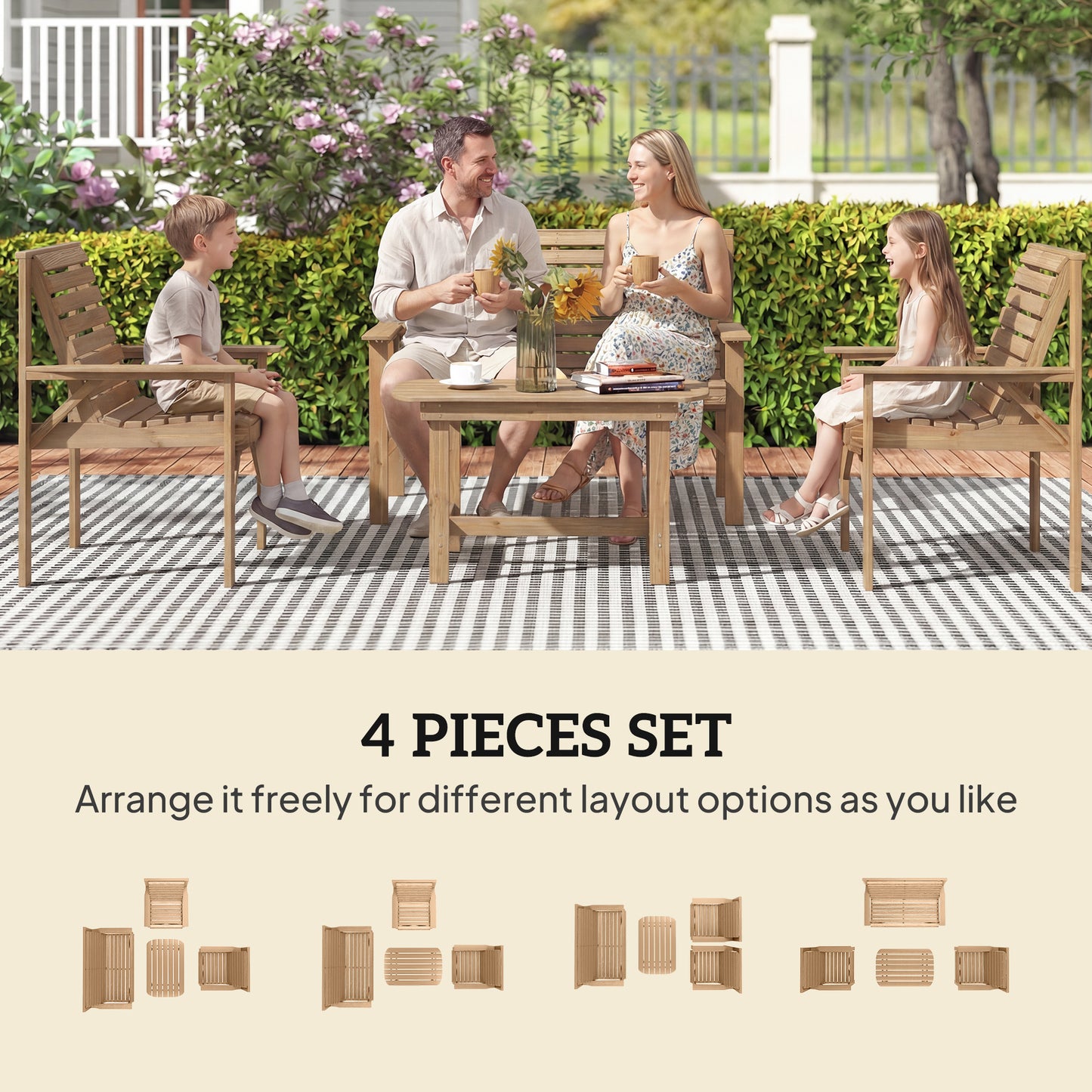 4 Seater Garden Furniture Sofa Set with Curved Seat, Natural Wood