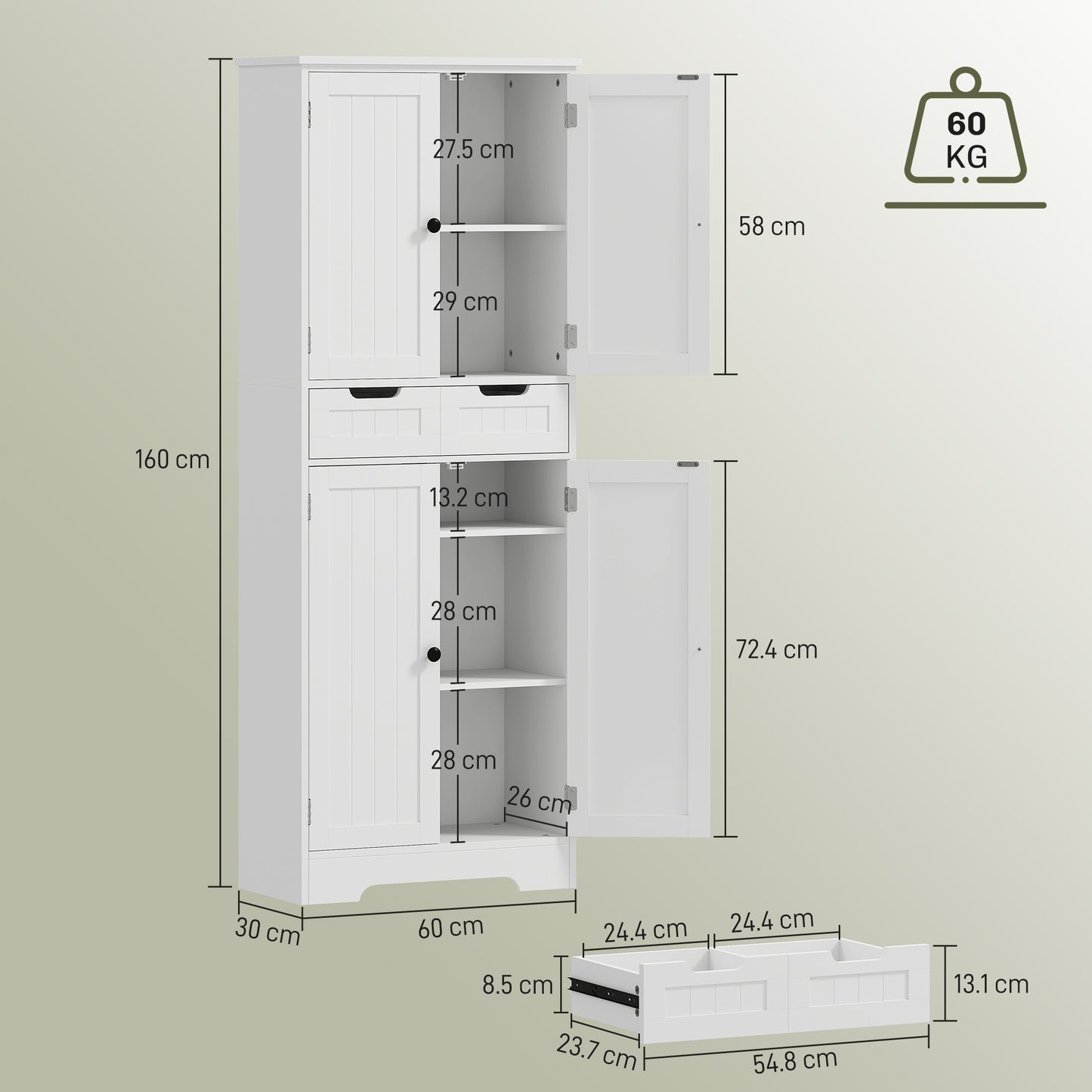 Bathroom Tall Cabinet with Drawer, Adjustable Shelf and Doors, White