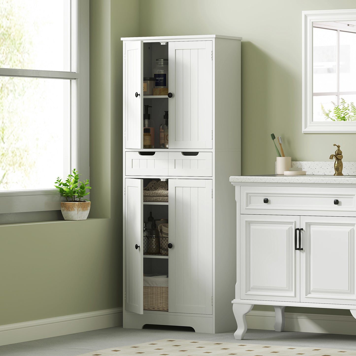 Bathroom Tall Cabinet with Drawer, Adjustable Shelf and Doors, White