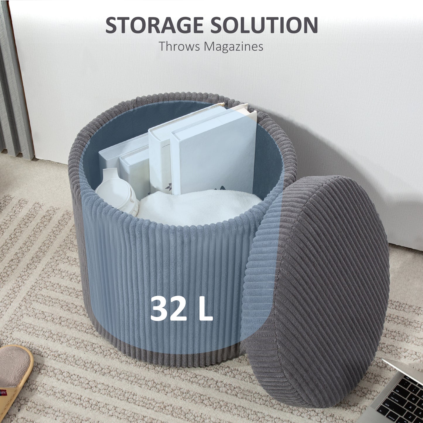 Round Storage Ottoman with Lid, Vanity Stool with Storage, Grey