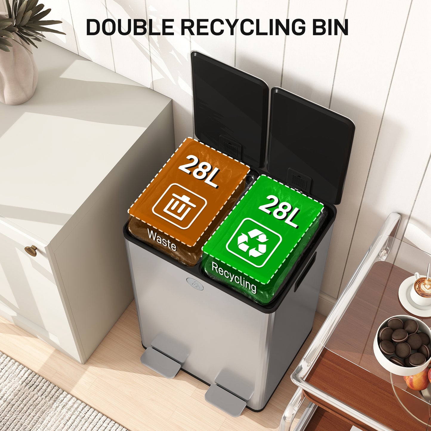 2 x 28L Dual Kitchen Bin Pedal Bin for Recycling and Waste, Silver