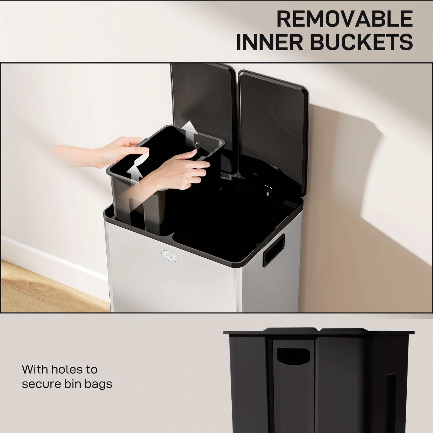 2 x 28L Dual Kitchen Bin Pedal Bin for Recycling and Waste, Silver