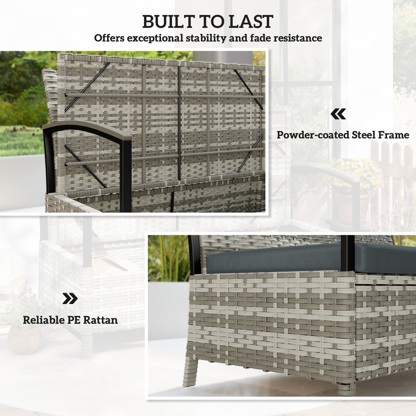 125L Garden Storage Bench, 2 Seater PE Rattan Outdoor Bench - Mixed grey