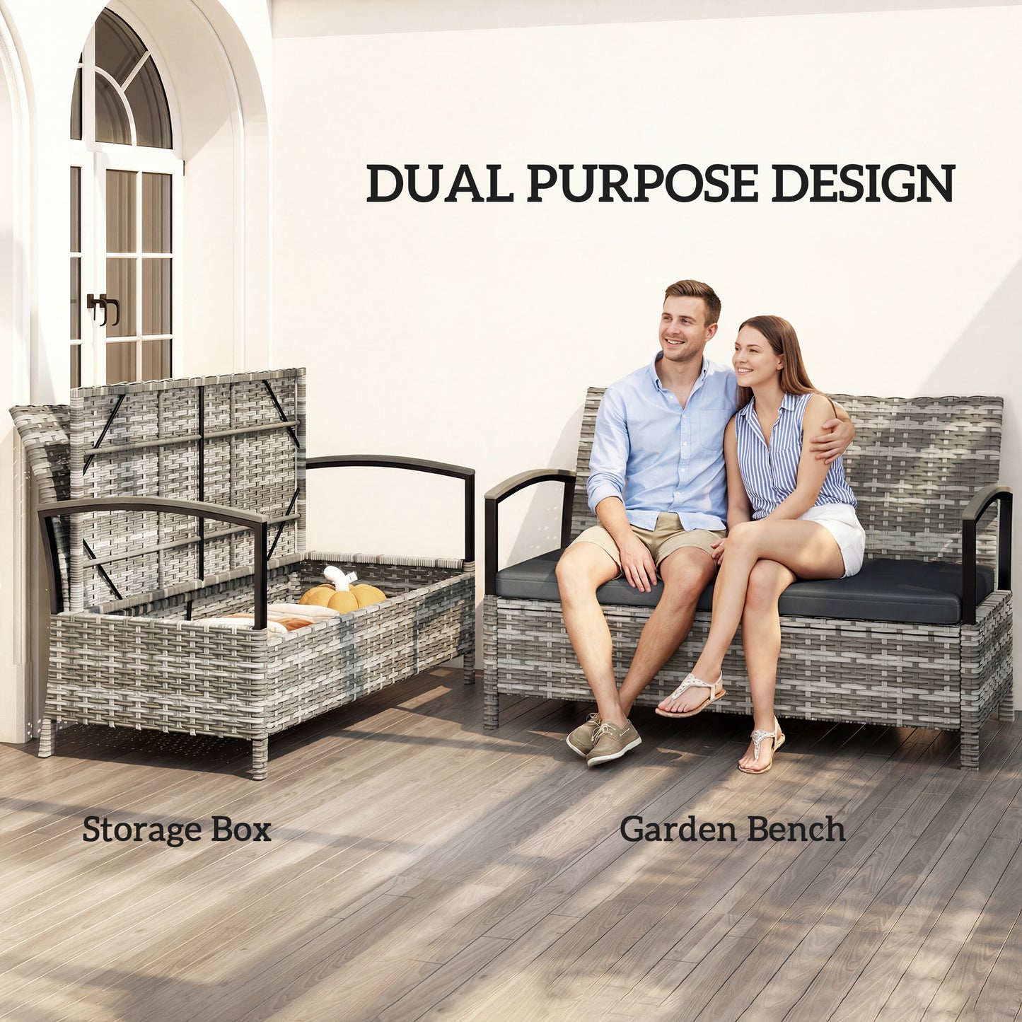 125L Garden Storage Bench, 2 Seater PE Rattan Outdoor Bench - Mixed grey