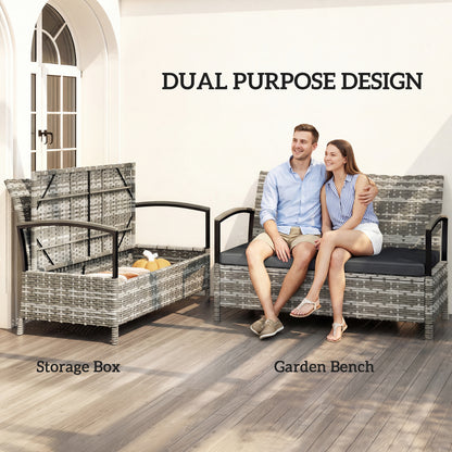 125L Garden Storage Bench, 2 Seater PE Rattan Outdoor Bench - Mixed grey
