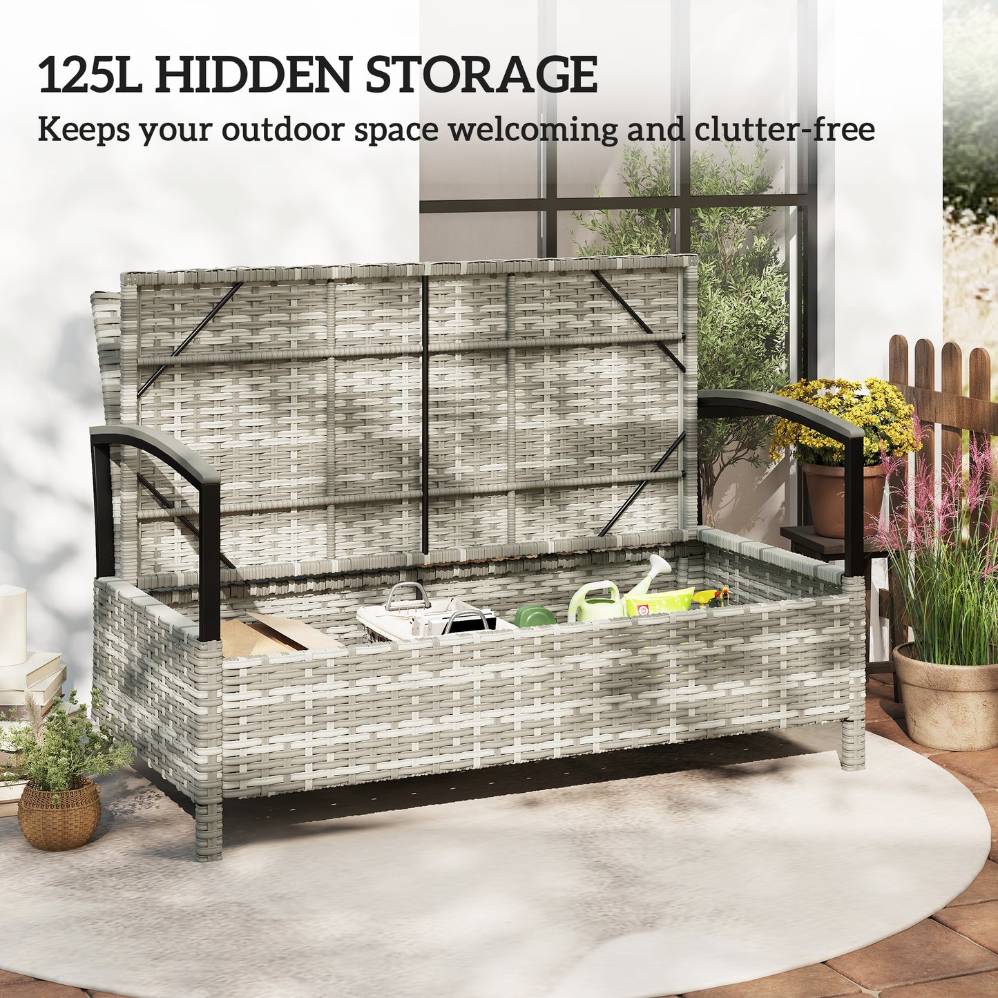 125L Garden Storage Bench, 2 Seater PE Rattan Outdoor Bench - Mixed grey