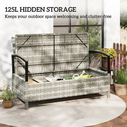 125L Garden Storage Bench, 2 Seater PE Rattan Outdoor Bench - Mixed grey