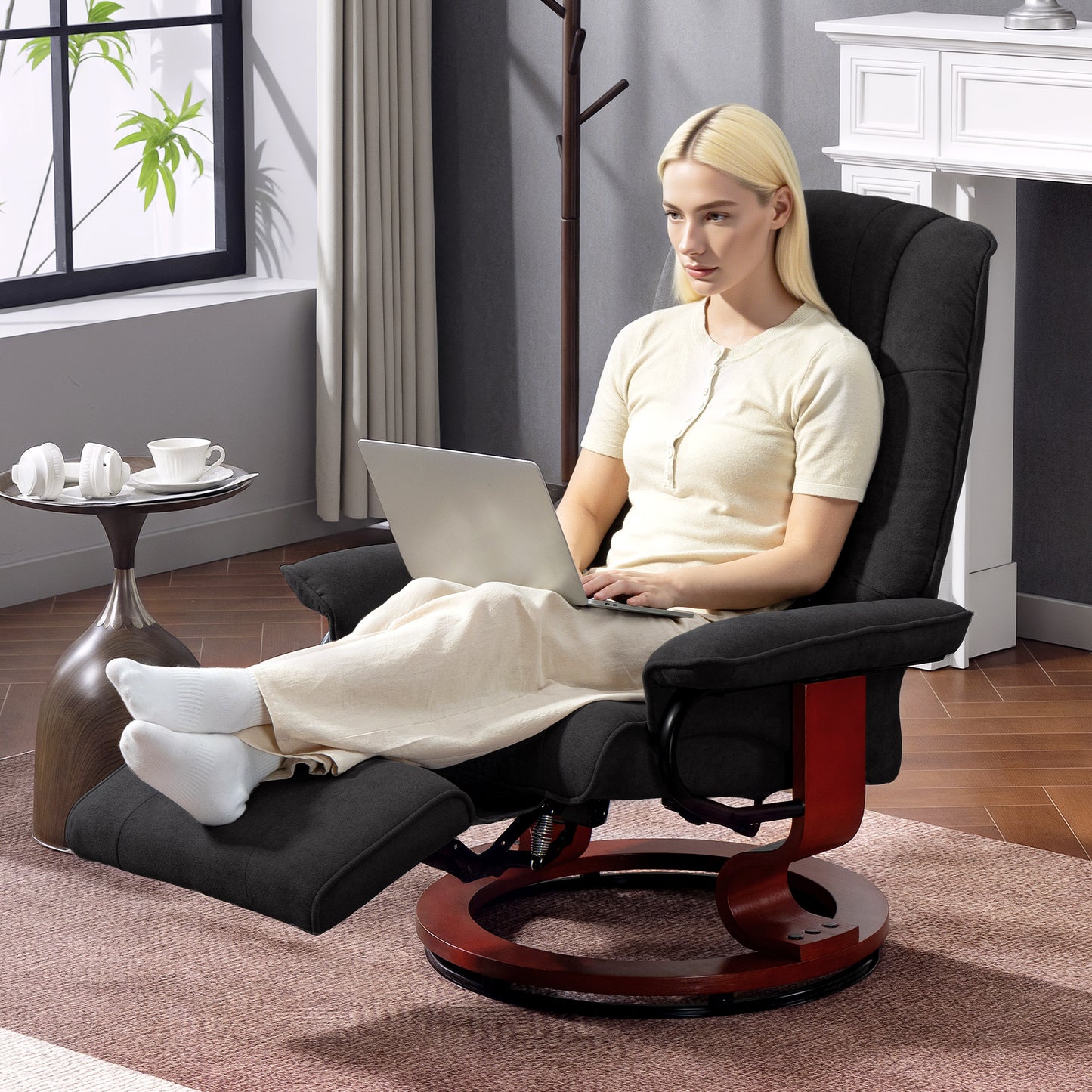 Manual Recliner Swivel Reclining Chair with Footrest Armrests, Black