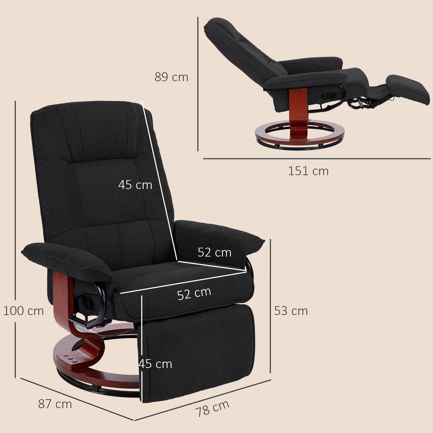 Manual Recliner Swivel Reclining Chair with Footrest Armrests, Black