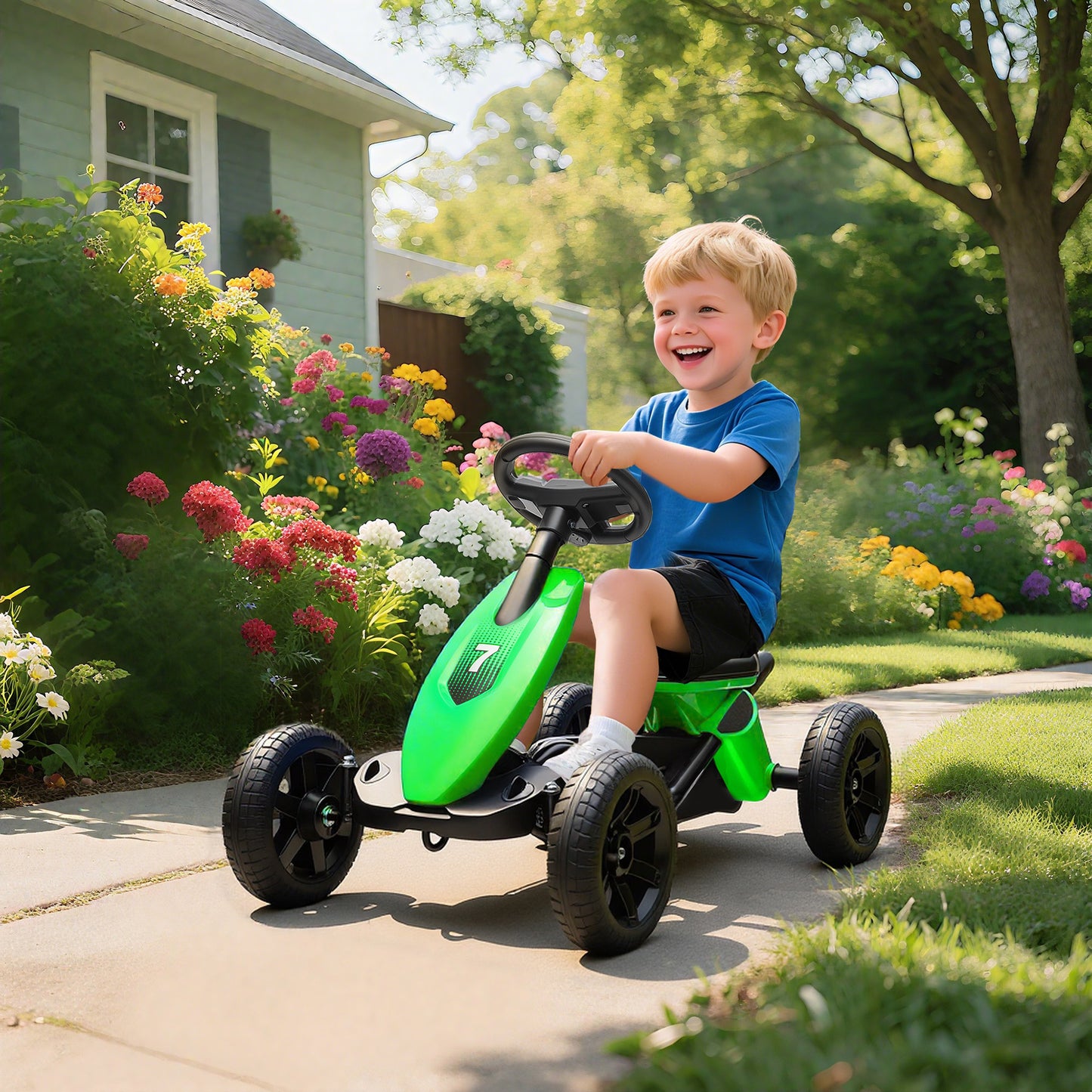 Pedal Go-Kart for Kids with Silent EVA Wheels, Metal Frame, Green