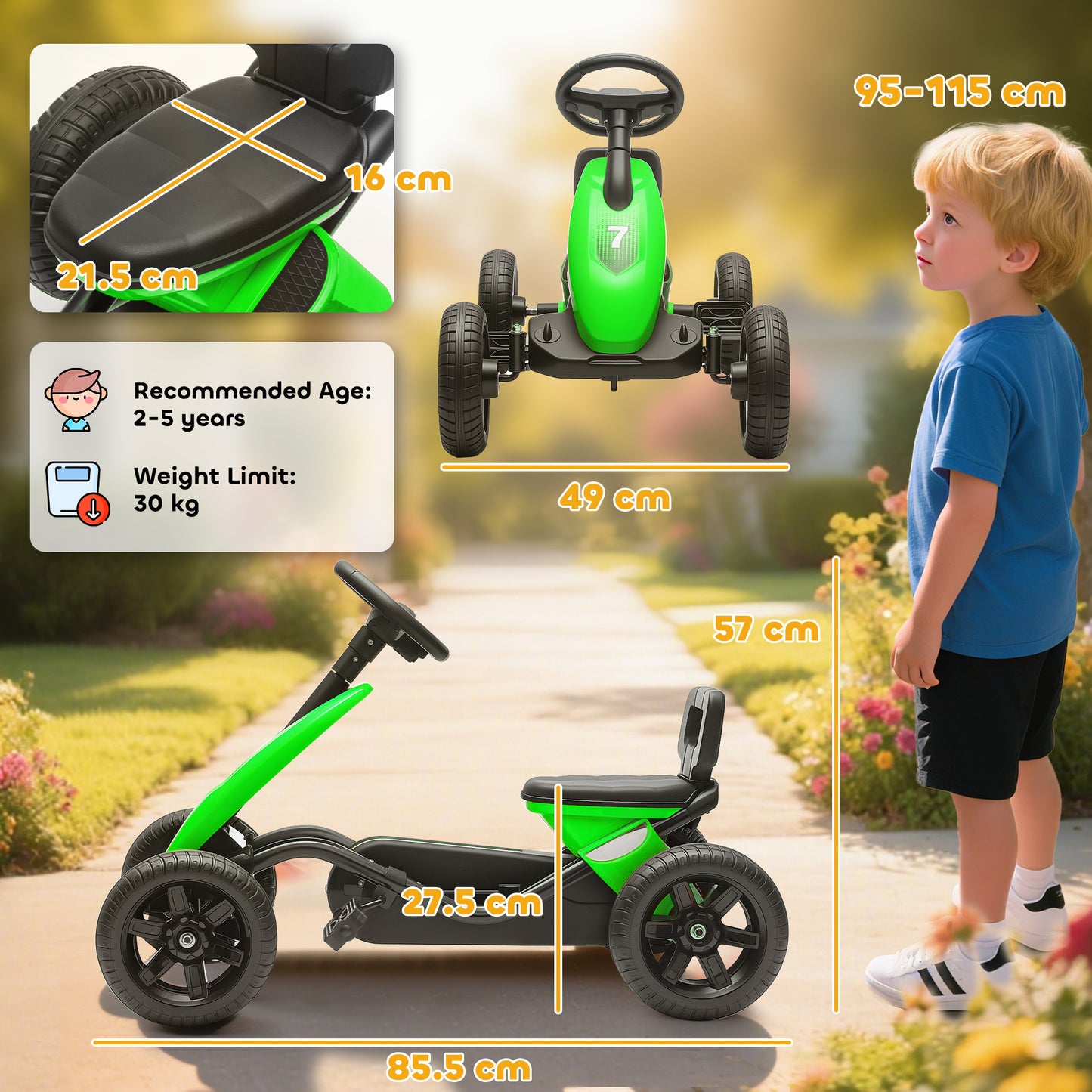 Pedal Go-Kart for Kids with Silent EVA Wheels, Metal Frame, Green