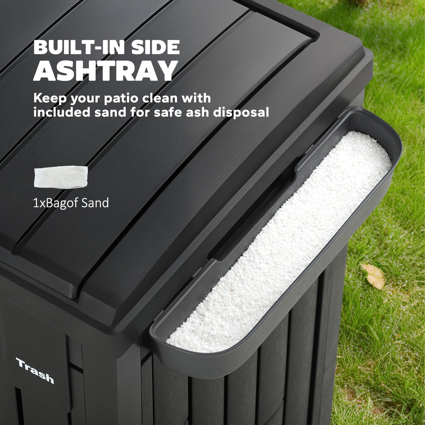 110 L Outdoor Bin with Dual Lid, Waterproof Plastic Trash Bin with Ashtray and Drip Tray, Garden Waste Trash Bin, Black