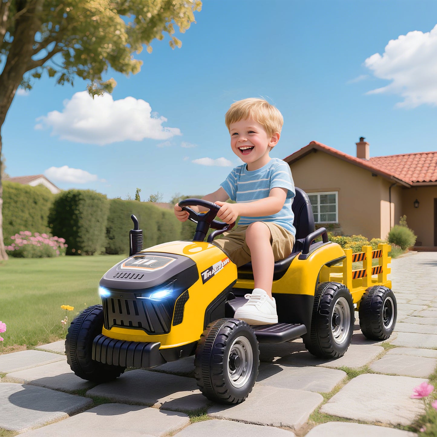 Ride on Tractor and Trailer, 12V Electric Ride on Tractor, Yellow