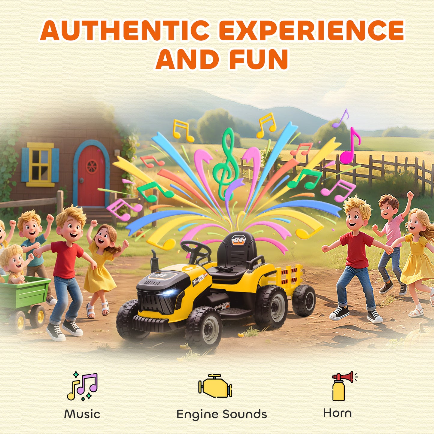 Ride on Tractor and Trailer, 12V Electric Ride on Tractor, Yellow
