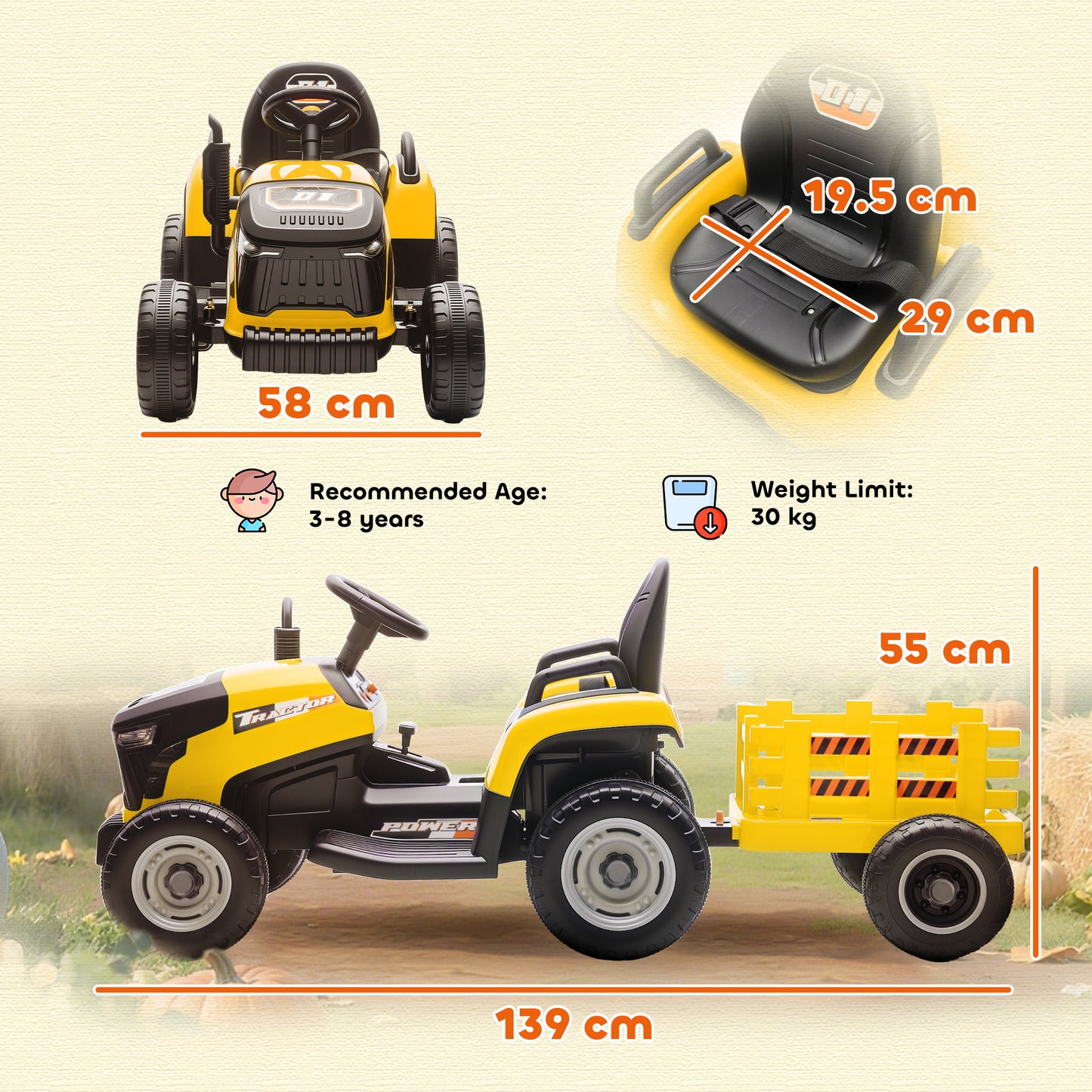 Ride on Tractor and Trailer, 12V Electric Ride on Tractor, Yellow