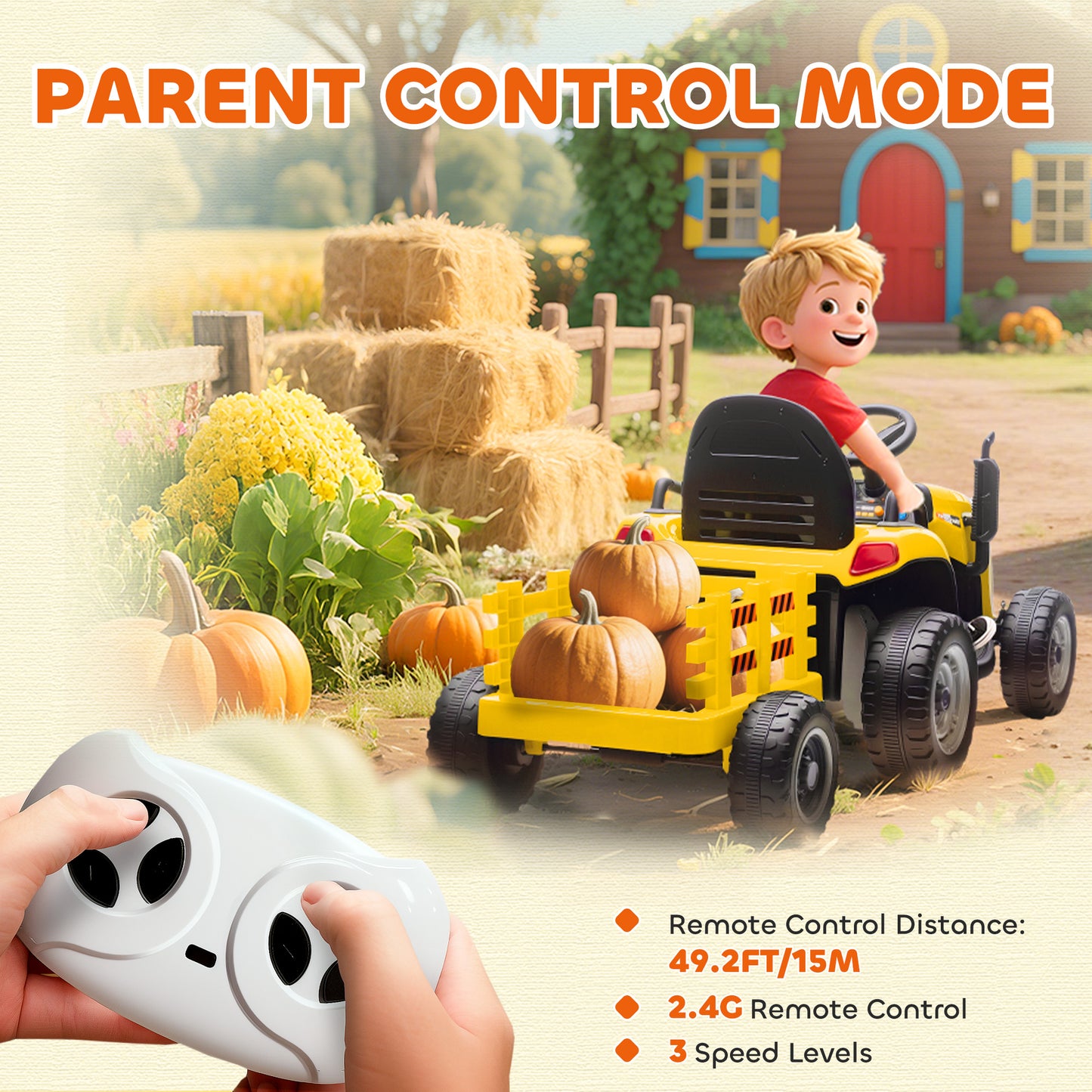 Ride on Tractor and Trailer, 12V Electric Ride on Tractor, Yellow