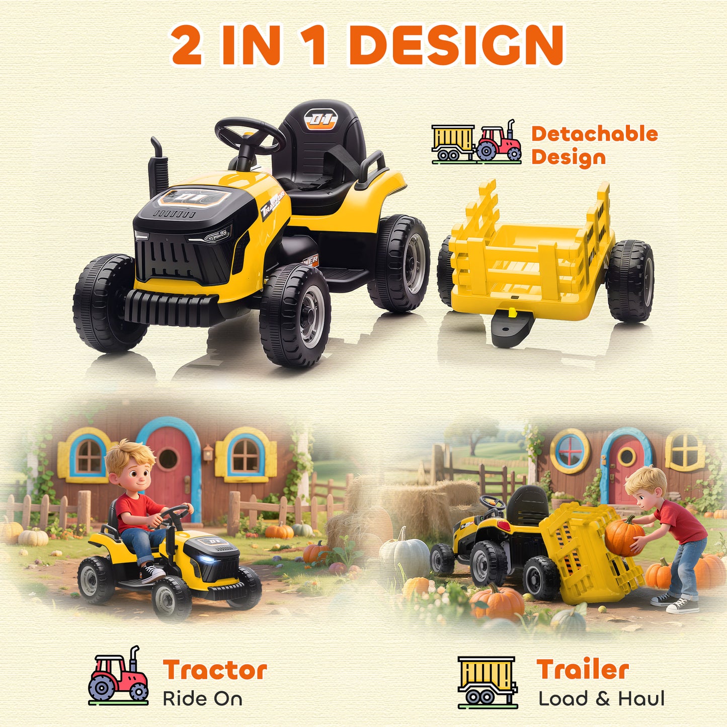 Ride on Tractor and Trailer, 12V Electric Ride on Tractor, Yellow
