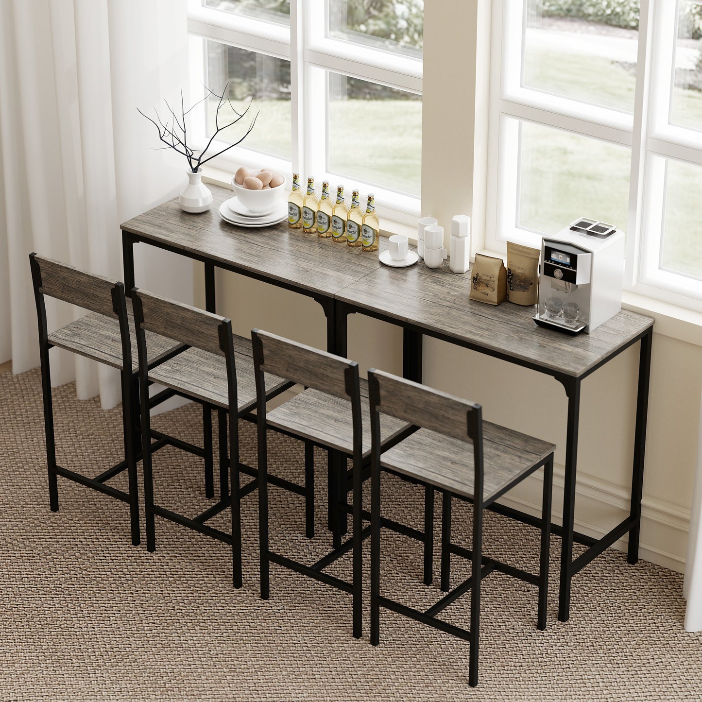 Bar Table and Stools Set, Kitchen Table and 2 Chairs with Backrest, Footrest